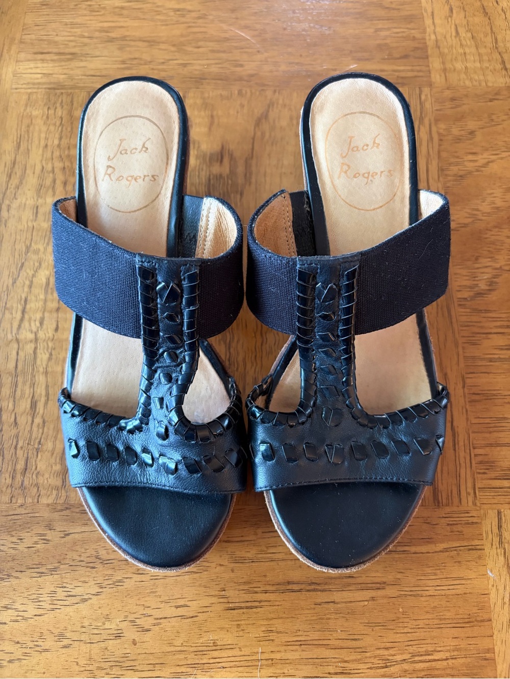 Jack Rogers Black Leather Wedge Sandals